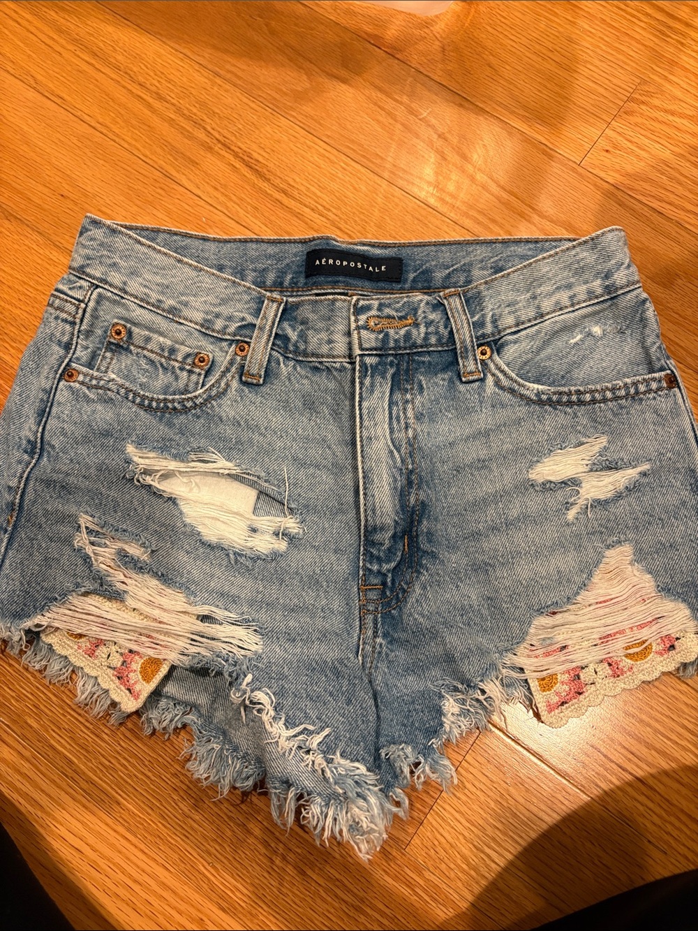 Aeropostale Light Blue Distressed Denim Shorts with Patch Detail